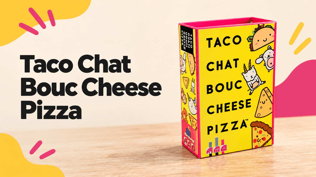 La boîte de Taco Chat Bouc Cheese Pizza sur fond crème avec le titre du jeu.